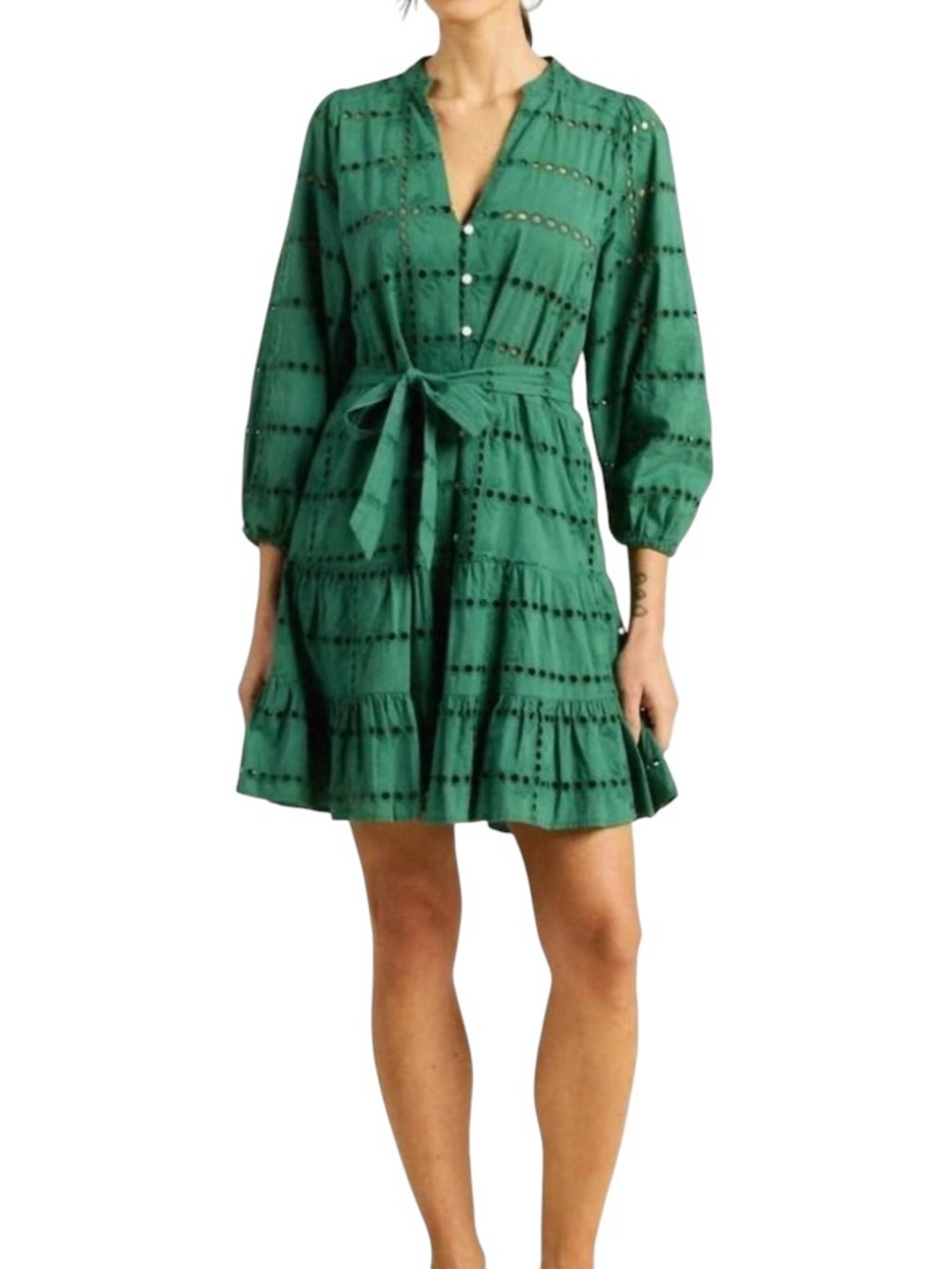 NWT Trovata Celeste Cotton Eyelet 3/4 Sleeve V-Neck Button Up Mini Dress